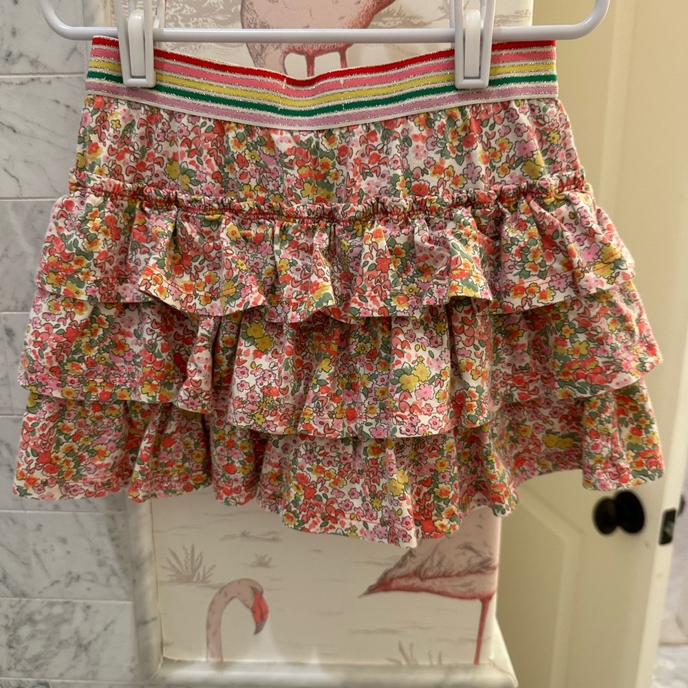 Mini Boden Floral Ruffle Skort with Striped Waistband